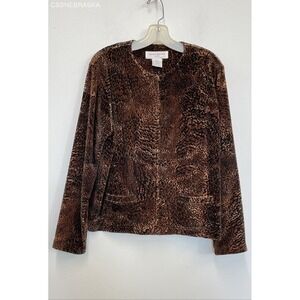 Jones New York Jacket Women Brown Animal Print Full Zip Long Sleeve - Size L